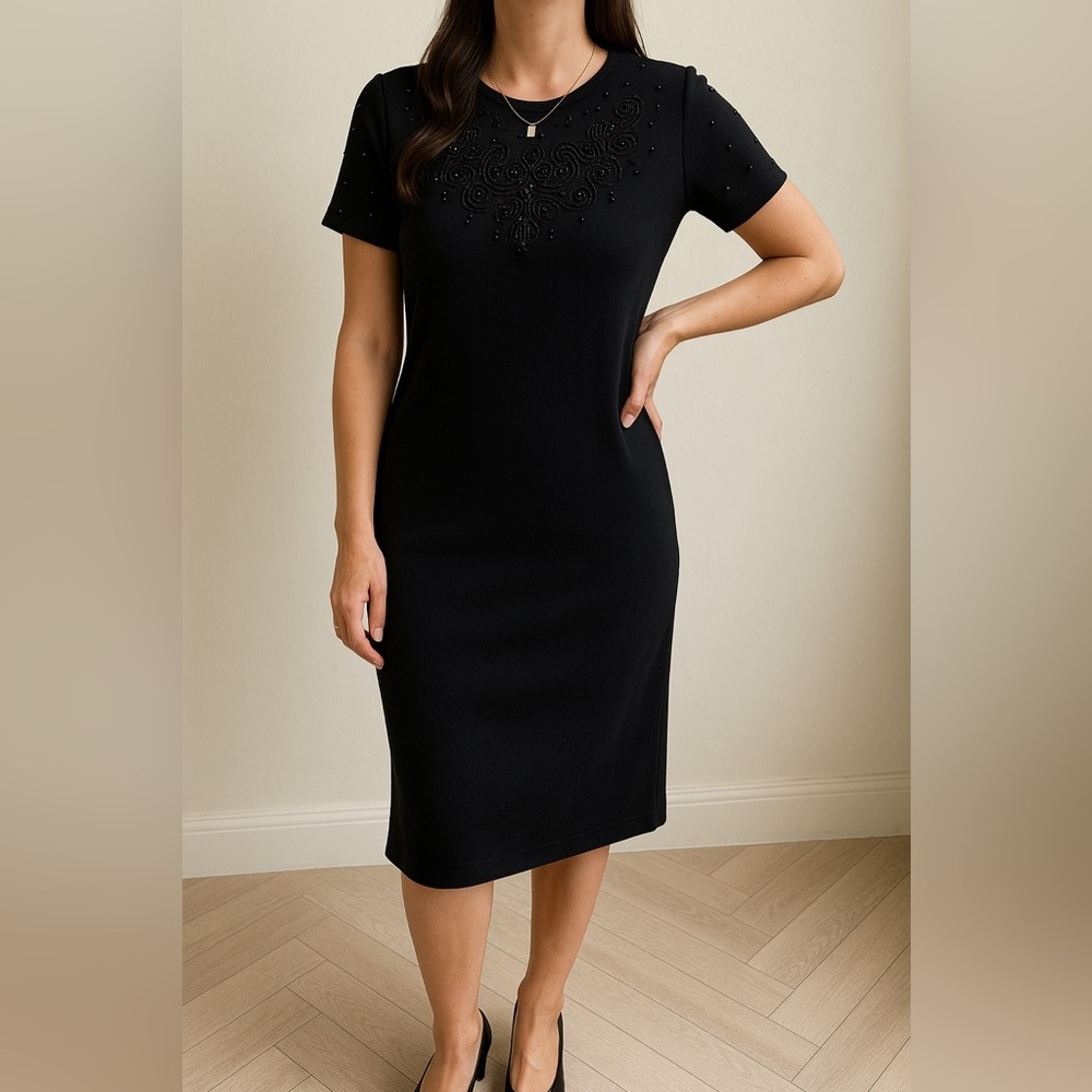 Vintage 90s Maggy London Black Beaded Knit Dress – Size 14 (Fits M/L) wool blend